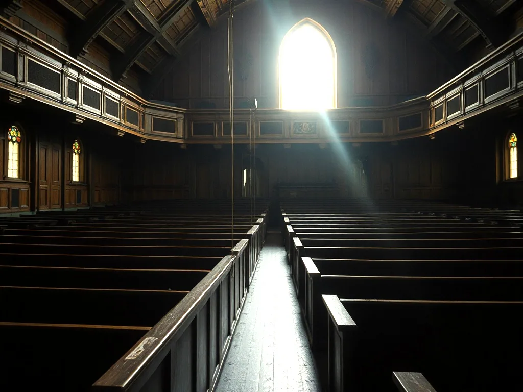 The wooden balcony of an old church converted to a theatre, rows of dark pews with dust hanging in a shaft of light from a high window