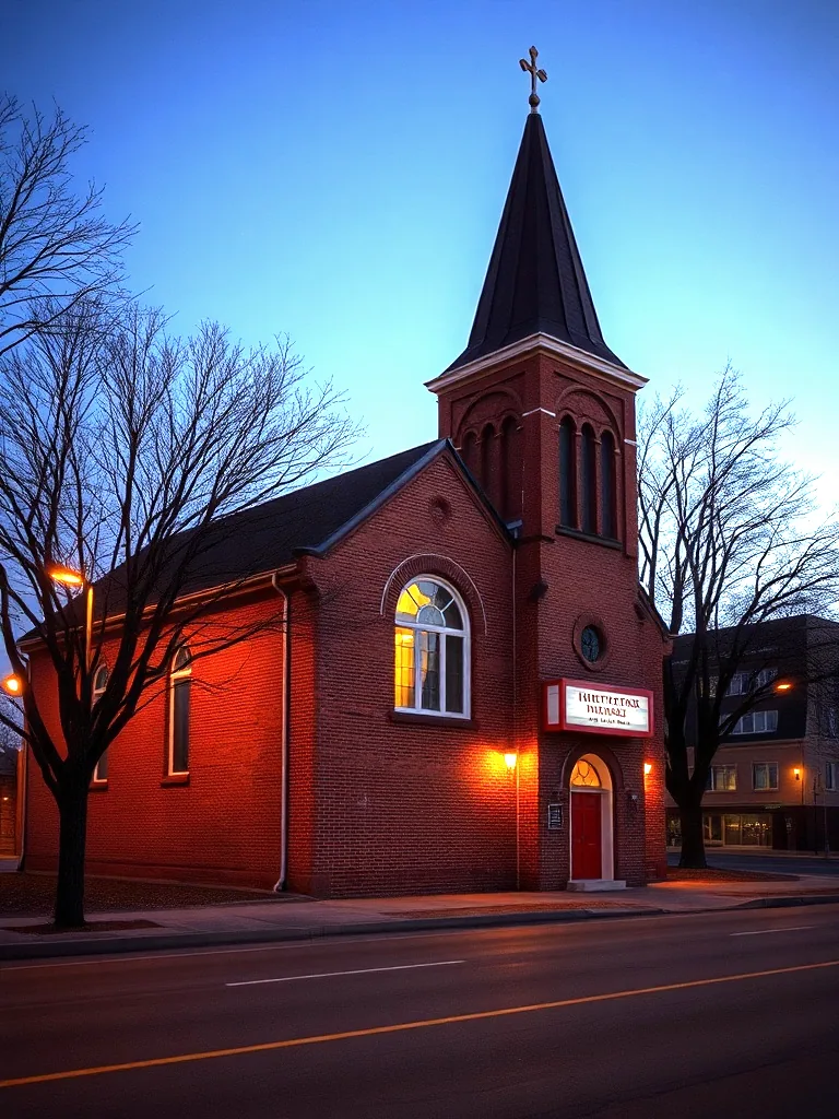 A small red brick former church with a pointed bell tower, photographed from across an empty street at dusk with light behind the arched window