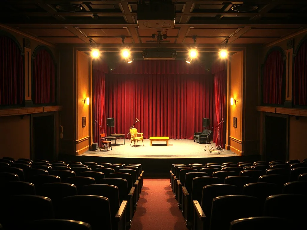The stage of a small converted church theatre seen from the middle of the house, a chair and a low table set under warm lights, the seats in darkness