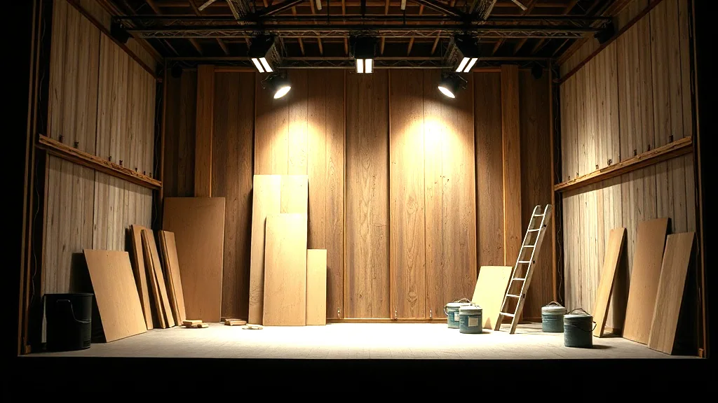 A stage set part built under bare work lights, timber flats leaning against the back wall with a step ladder and paint tins on the boards